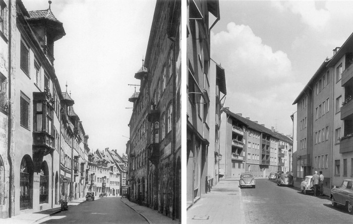 Nirnbergas Tuherštrāse pirms kara (1935) un pēc (1957) (Foto: Nürnberger Stadtarchiv)