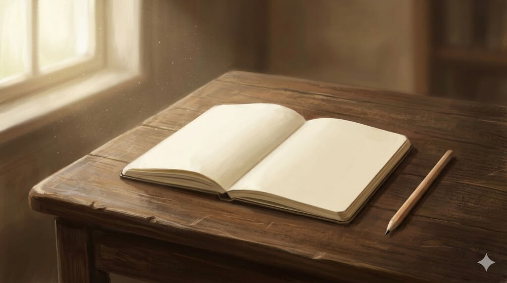 Tukša, atvērta „Moleskine“ piezīmju grāmatiņa uz nolietota koka rakstāmgalda